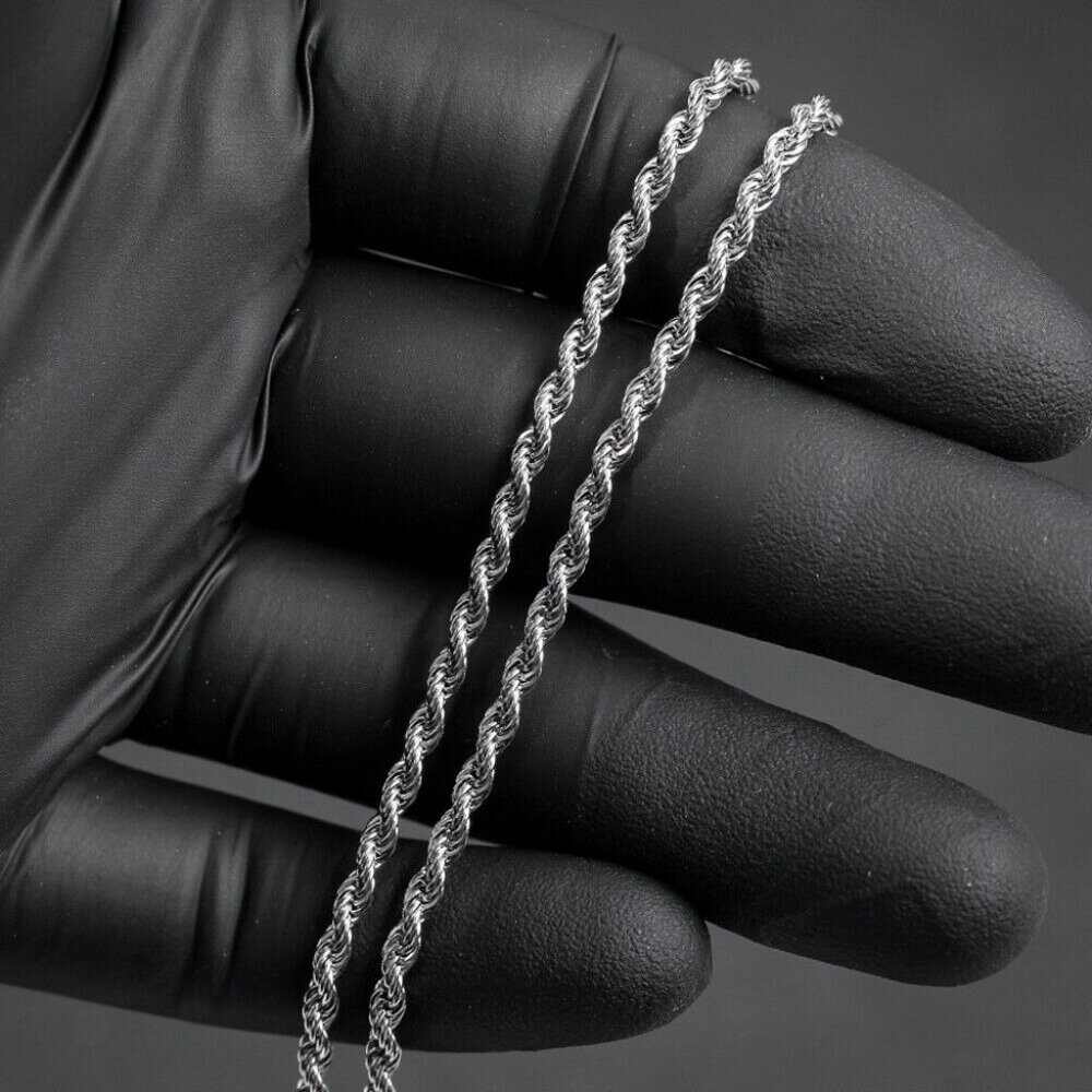 Solid White Gold Plated 316 Stainless Steel 3MM Twist Rope Chain Necklace